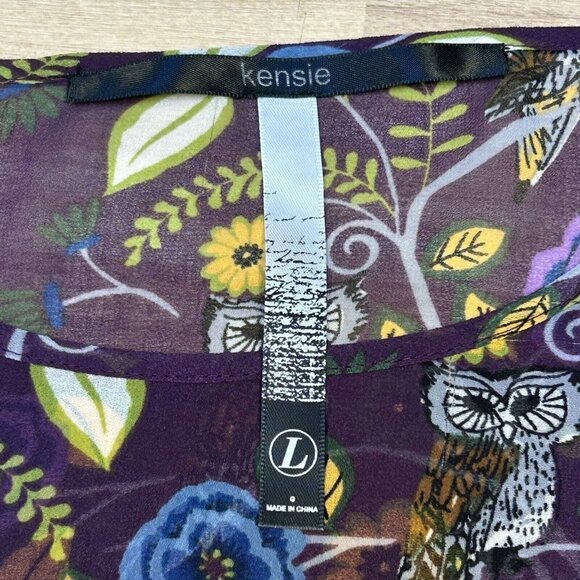 Kensie Tunic Dress Sheer Womens Fall Dress Halloween Dress Owls Plum Floral Sz L - Picture 3 of 13